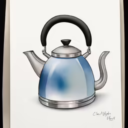 a drawing of a blue tea kettle