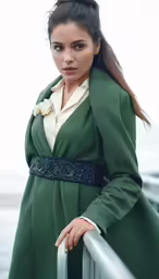 the model poses by the railing in her green ensemble
