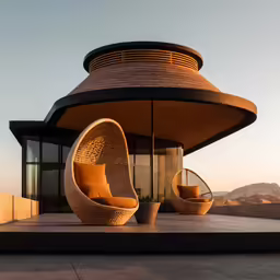 an orange chair and two seats in front of a building