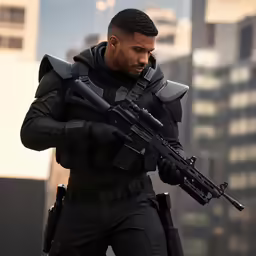 the man is holding a gun while wearing black clothes