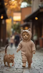 cat with a hoodie walking on brick pavement next to a cat