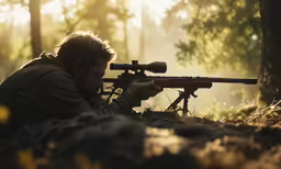 a man with a gun and glasses crouching by a rifle