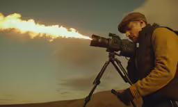 a man with a camera standing in front of fire