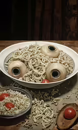 pasta, mushrooms, tomatoes and sprinkled noodles are piled into a bowl