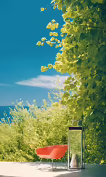 a view of some green trees and a chair