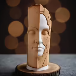 a face on a piece of wood that has been carved to look like a human head