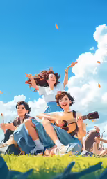 a group of people sitting on top of a lush green field