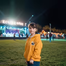 a young person is standing on the grass at night