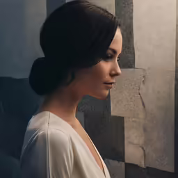 a woman with dark hair in an elegant look