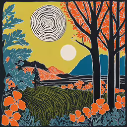 an orange, blue and green painting of trees,an art piece that has a view of a mountain and trees