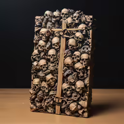 a wooden sculpture with skulls all over it