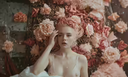 a girl sitting in a flower covered room