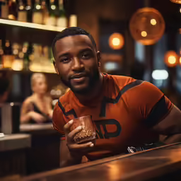 a man with an orange shirt in front of a bar