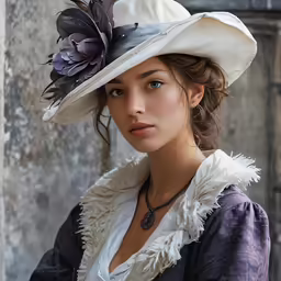 a woman in a large white hat with black feathers