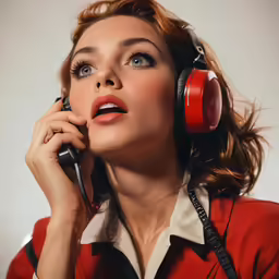 a young woman wearing red ear muffs holding a phone to her ear and listening to music