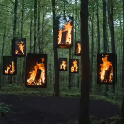 multiple frames filled with fire and light in a forest