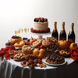 desserts and wine are arranged on a table