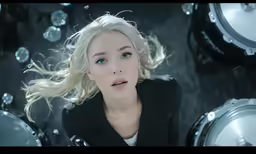 a woman with blonde hair standing behind a drum kit