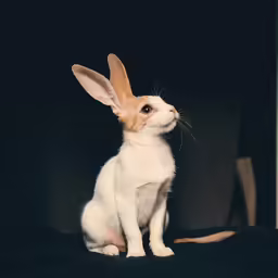 a little brown and white bunny sitting on a blanket