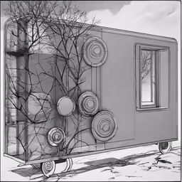 the front of a mobile home is shown with trees