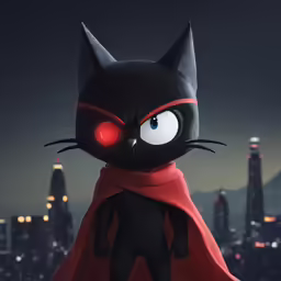 an animated, dark cat in a cape