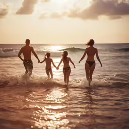 two adults and three kids walking into the ocean together
