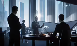 several people sitting around a table in a large office
