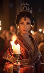 an asian lady wearing a tiara holds a candle