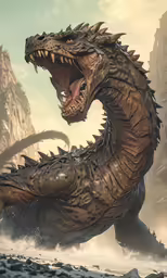 a large dinosaur in the middle of a rocky land