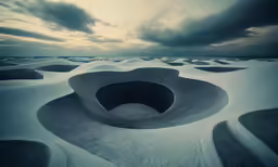 a dark cloudy sky hovers over sand dunes