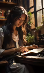 a woman reading on a computer by a desk