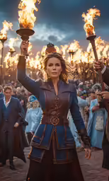 a woman in medieval dress with torches