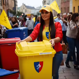 a girl is pushing a plastic box out to the street