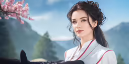a woman with a long white dress and a black horse