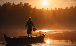 a woman is standing on the back of a boat with poles and a paddle,a person in a boat on a lake as the sun sets