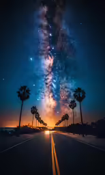 palm trees and stars shine above a street at night