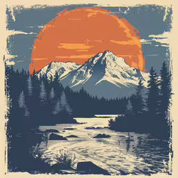 a mountain scene in orange and blue,a picture of a mountain with a stream running beneath it