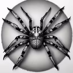 black and white drawing of a spider with the back legs in