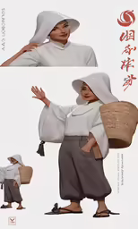 paper doll wearing a bonnet and holding a basket in her hands
