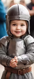 the small child wearing a medieval costume stands outside