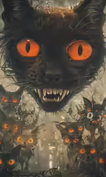 an art print of a cat staring and surrounded by other cats