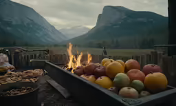 fire pit set up with apples, oranges, and potatoes in the background