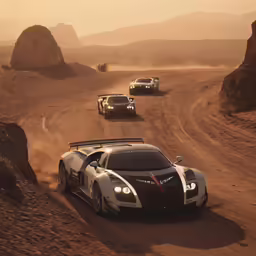 three sports cars racing along a dirt track in the desert