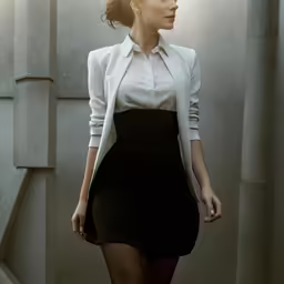 woman in skirt and blazer walking down stairs