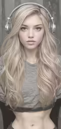 a blonde woman with headphones on, wearing grey