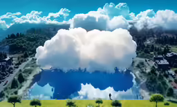 clouds, blue water and trees reflect from the landscape