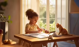 small child with kitten on wooden chair working on a laptop