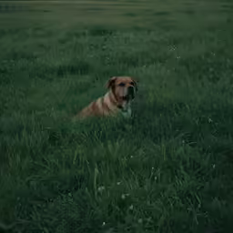 a dog is laying in the tall grass