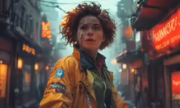 a woman standing outside in the rain wearing a yellow jacket