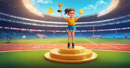 a doll is standing on a podium with trophy cups,the girl is holding two yellow cups in her hands